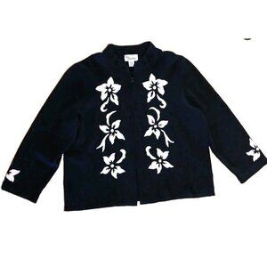 Toula Sweater Jacket Womens 20W Black Full Zip Embellished Floral Wool Blend